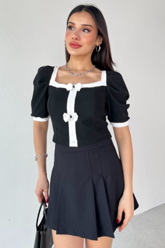 BLZ-13232 Siyah Kare Yaka Balon Kol Fiyonk Düğmeli Bluz - 7