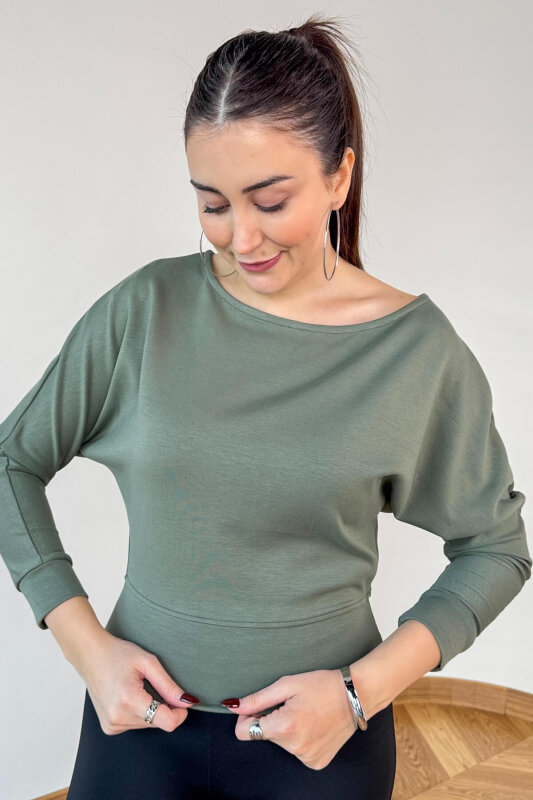  BLZ-5319 Haki Bel Lastikli Kayık Yaka Basic Fit Bluz - 2