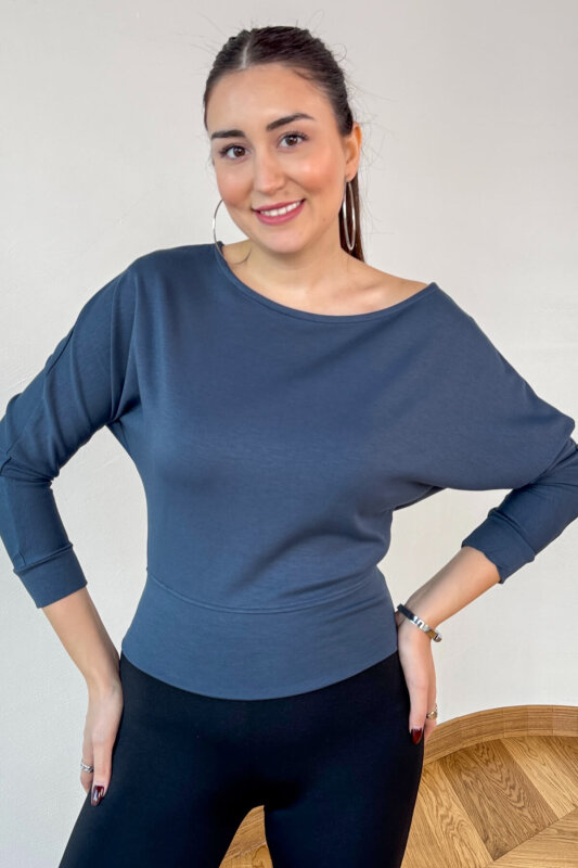  BLZ-5319 İndigo Bel Lastikli Kayık Yaka Basic Fit Bluz - 2