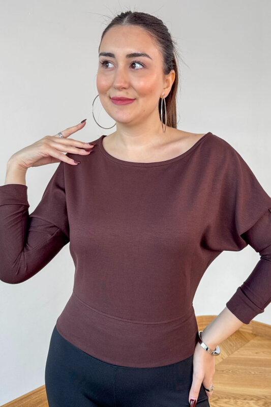 BLZ-5319 Kahverengi Bel Lastikli Kayık Yaka Basic Fit Bluz - 2