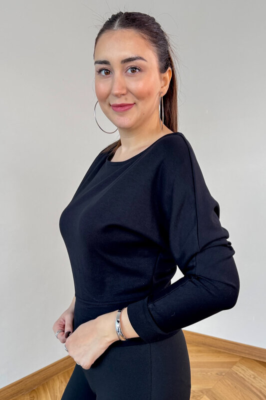  BLZ-5319 Siyah Bel Lastikli Kayık Yaka Basic Fit Bluz - 2