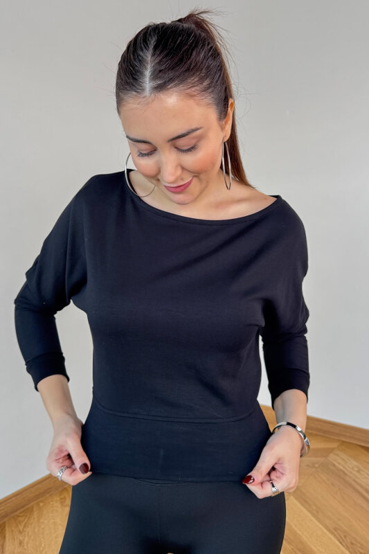  BLZ-5319 Siyah Bel Lastikli Kayık Yaka Basic Fit Bluz - 3