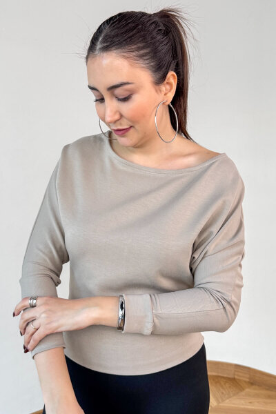  BLZ-5319 Taş Rengi Bel Lastikli Kayık Yaka Basic Fit Bluz - 2