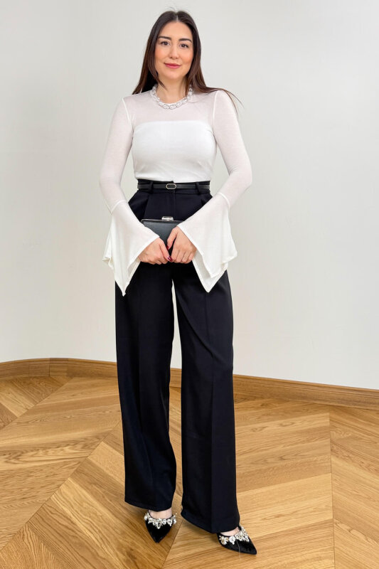 BLZ-6384 Ekru İspanyol Kol Detaylı Basic Bluz - 3