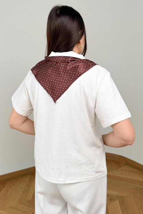 BLZ-6583 Beyaz Polo Yaka Fular Detaylı Pamuklu Bluz - 3