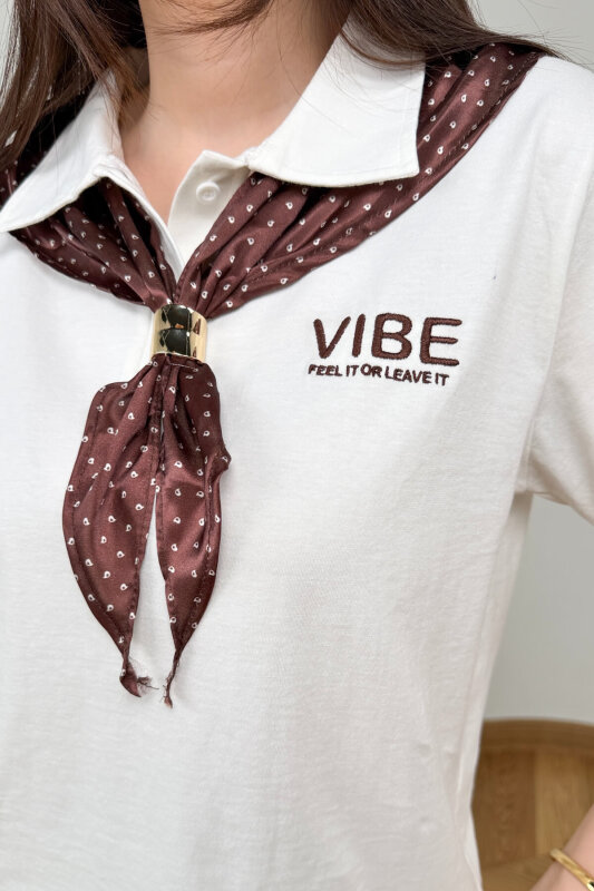 BLZ-6583 Beyaz Polo Yaka Fular Detaylı Pamuklu Bluz - 4