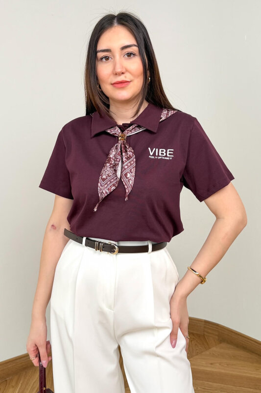 BLZ-6583 Bordo Polo Yaka Fular Detaylı Pamuklu Bluz - 1