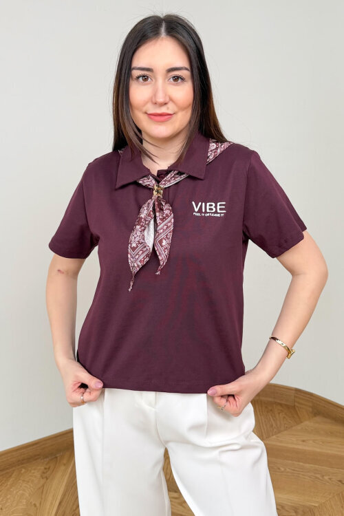 BLZ-6583 Bordo Polo Yaka Fular Detaylı Pamuklu Bluz - 2