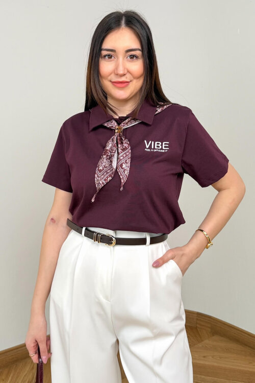 BLZ-6583 Bordo Polo Yaka Fular Detaylı Pamuklu Bluz - 4