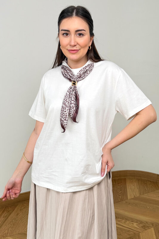 BLZ-6585 Beyaz Fular Detaylı Pamuklu Basic Bluz - 4
