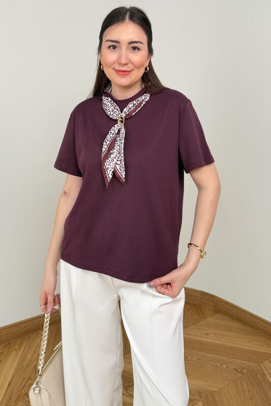 BLZ-6585 Mürdüm Fular Detaylı Pamuklu Basic Bluz - 1