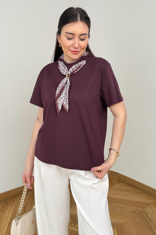 BLZ-6585 Mürdüm Fular Detaylı Pamuklu Basic Bluz - 2