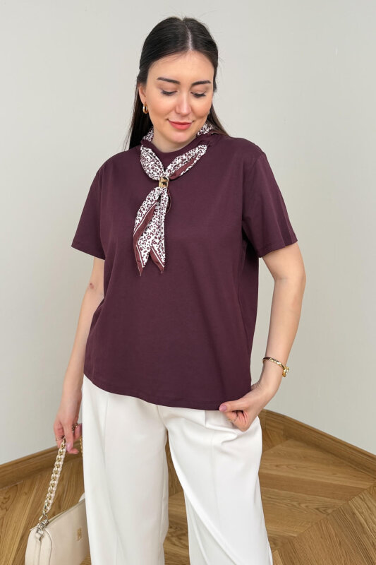 BLZ-6585 Mürdüm Fular Detaylı Pamuklu Basic Bluz - 2