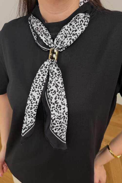 BLZ-6585 Siyah Fular Detaylı Pamuklu Basic Bluz - 2