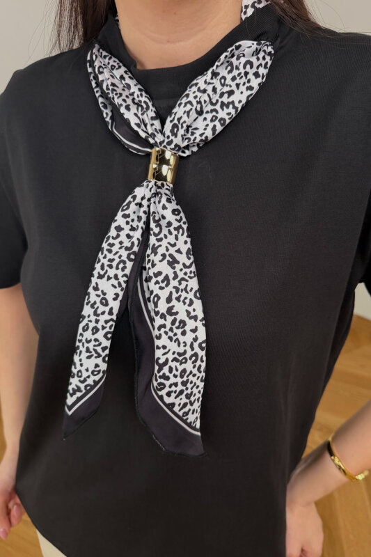 BLZ-6585 Siyah Fular Detaylı Pamuklu Basic Bluz - 2