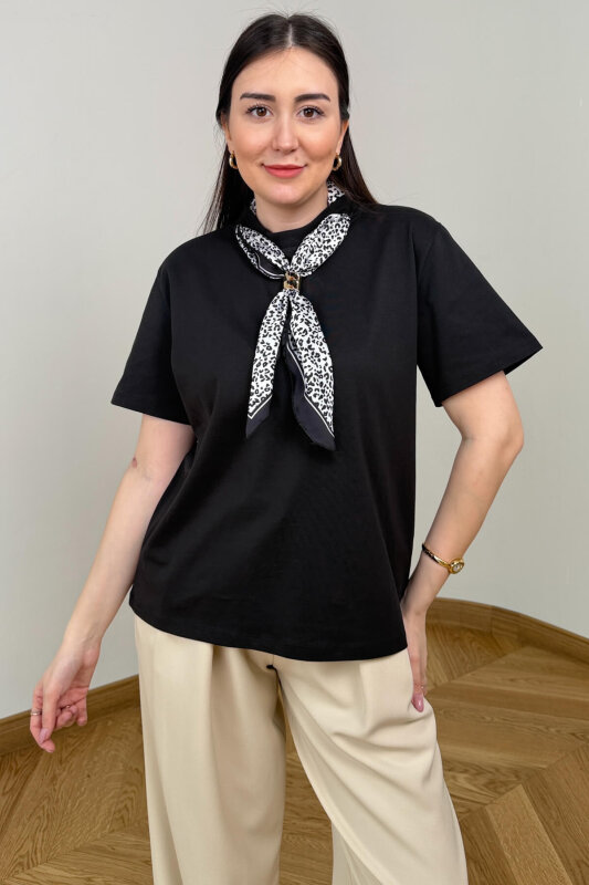 BLZ-6585 Siyah Fular Detaylı Pamuklu Basic Bluz - 3