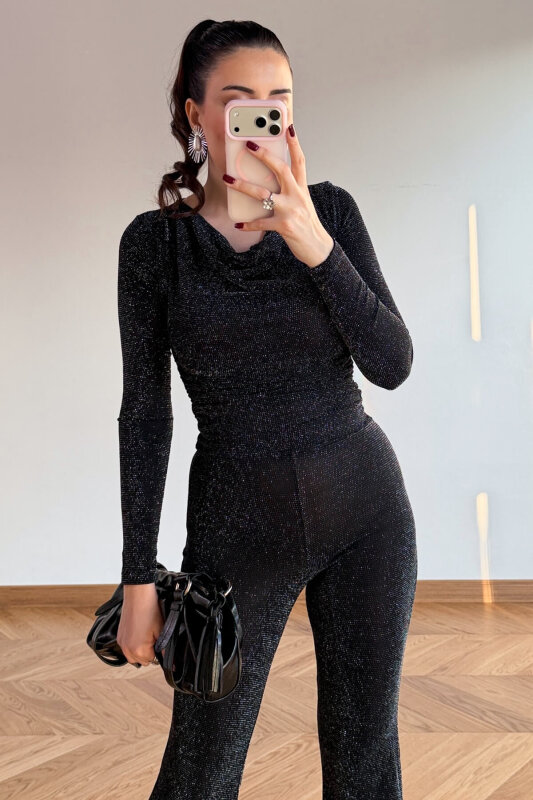 BLZ-83637 Siyah Simli Drapeli Şal Yaka Bluz - 4