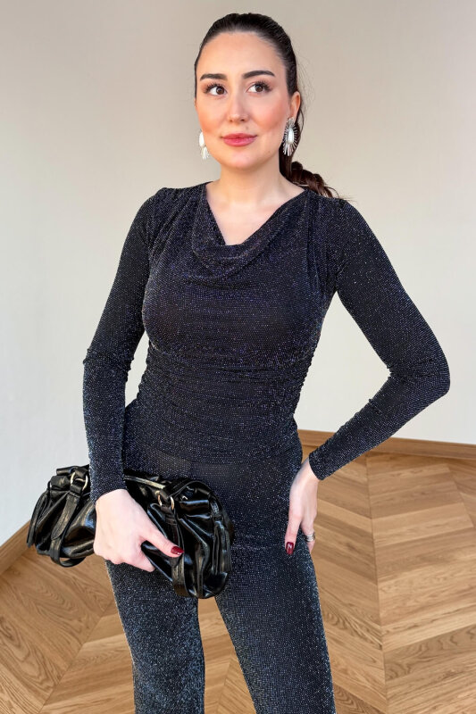 BLZ-83637 Siyah Simli Drapeli Şal Yaka Bluz - 1