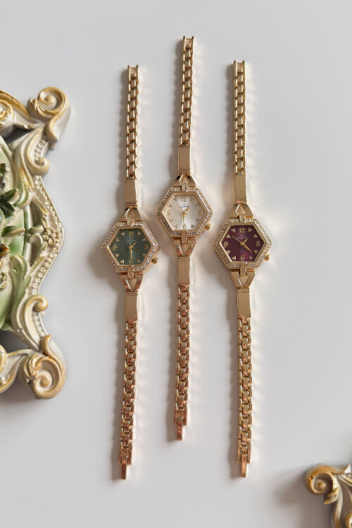 Calina Yeşil Taşlı Geometrik Kadran Gold Çelik Kordon Kadın Kol Saati - 2