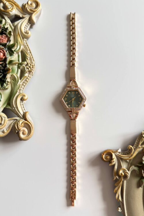 Calina Yeşil Taşlı Geometrik Kadran Gold Çelik Kordon Kadın Kol Saati - 1