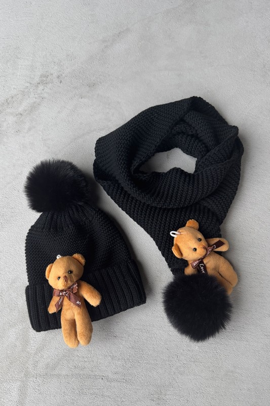 ÇCK-9002 Siyah Ayıcık Detaylı Örme Şal Bere Takımı - 1