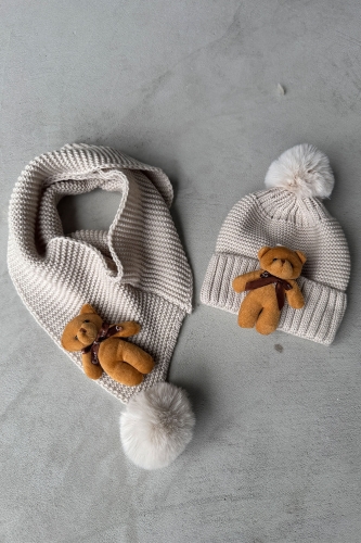 ÇCK-9002 Taş Rengi Ayıcık Detaylı Örme Şal Bere Takımı 