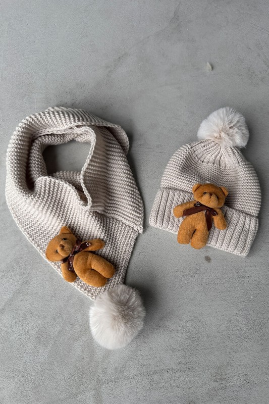 ÇCK-9002 Taş Rengi Ayıcık Detaylı Örme Şal Bere Takımı - 1