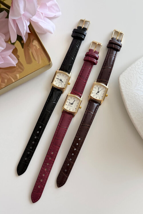 Cherry Bordo Gold Dikdörtgen Kadran Deri Dokulu Kordon Kadın Kol Saati - 2