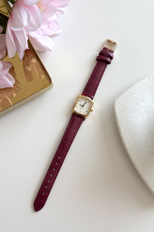 Cherry Bordo Gold Dikdörtgen Kadran Deri Dokulu Kordon Kadın Kol Saati - 1