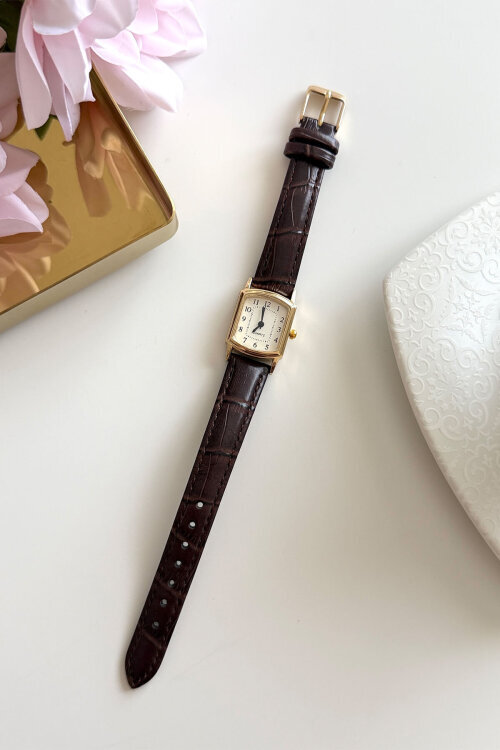 Cherry Kahverengi Gold Dikdörtgen Kadran Deri Dokulu Kordon Kadın Kol Saati - 1
