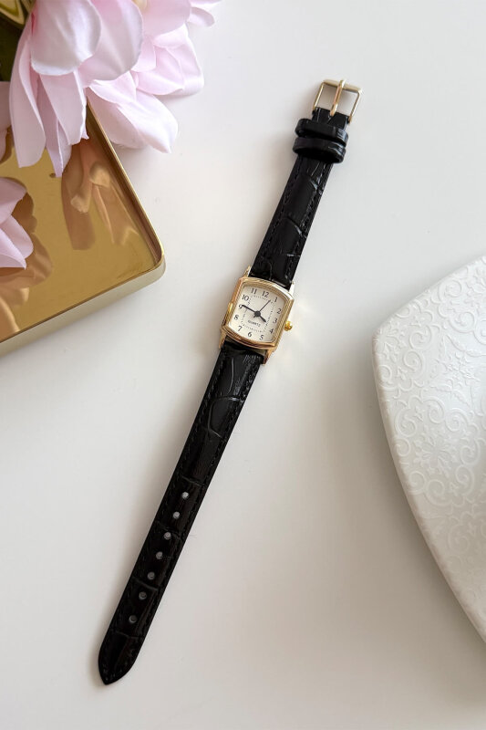 Cherry Siyah Gold Dikdörtgen Kadran Deri Dokulu Kordon Kadın Kol Saati - 1