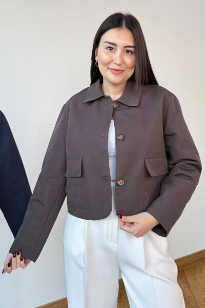 CKT-0163 Acı Kahve Astarlı Gabardin Cepli Crop Ceket - 1