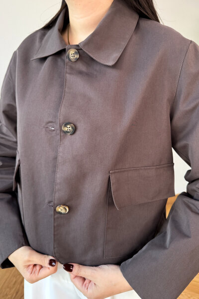 CKT-0163 Acı Kahve Astarlı Gabardin Cepli Crop Ceket - 4