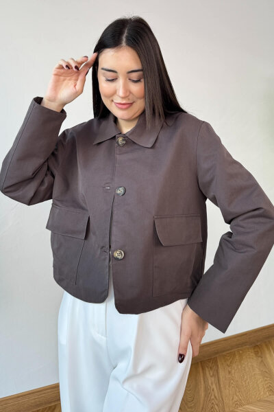 CKT-0163 Acı Kahve Astarlı Gabardin Cepli Crop Ceket - 2