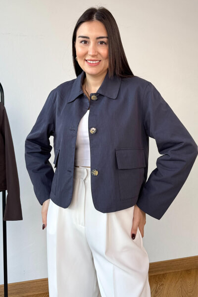 CKT-0163 Lacivert Astarlı Gabardin Cepli Crop Ceket (1)