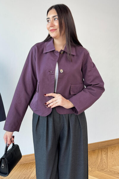 CKT-0163 Mürdüm Astarlı Gabardin Cepli Crop Ceket (1)