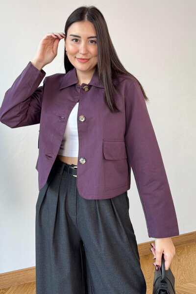 CKT-0163 Mürdüm Astarlı Gabardin Cepli Crop Ceket
