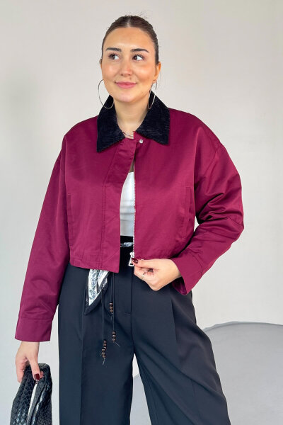 CKT-0242 Bordo Kadife Yaka Astarlı Crop Ceket - 2