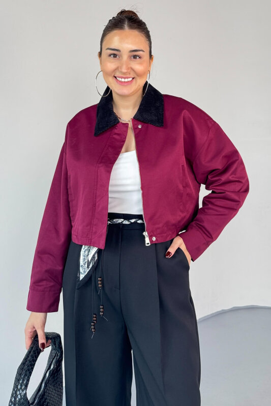 CKT-0242 Bordo Kadife Yaka Astarlı Crop Ceket - 1