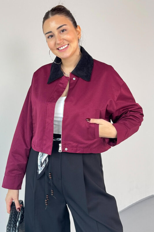 CKT-0242 Bordo Kadife Yaka Astarlı Crop Ceket - 3