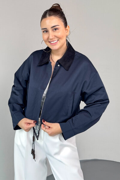 CKT-0242 Lacivert Kadife Yaka Astarlı Crop Ceket