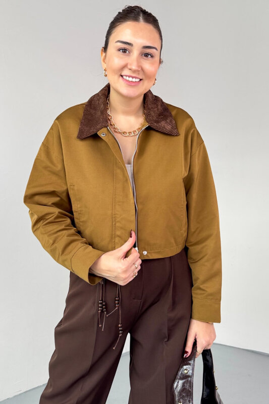 CKT-0242 Taba Kadife Yaka Astarlı Crop Ceket - 1