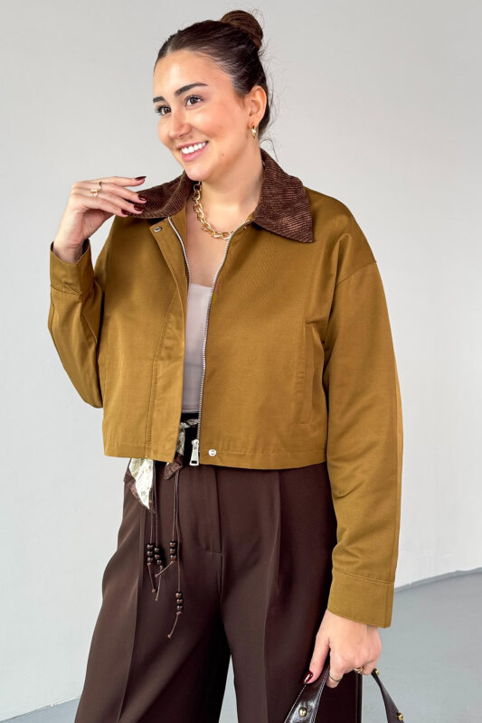 CKT-0242 Taba Kadife Yaka Astarlı Crop Ceket - 2
