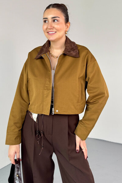 CKT-0242 Taba Kadife Yaka Astarlı Crop Ceket - 3