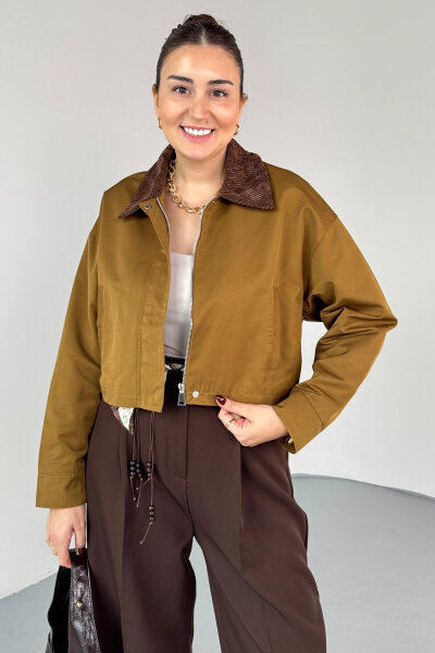 CKT-0242 Taba Kadife Yaka Astarlı Crop Ceket - 4