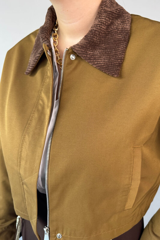 CKT-0242 Taba Kadife Yaka Astarlı Crop Ceket - 5