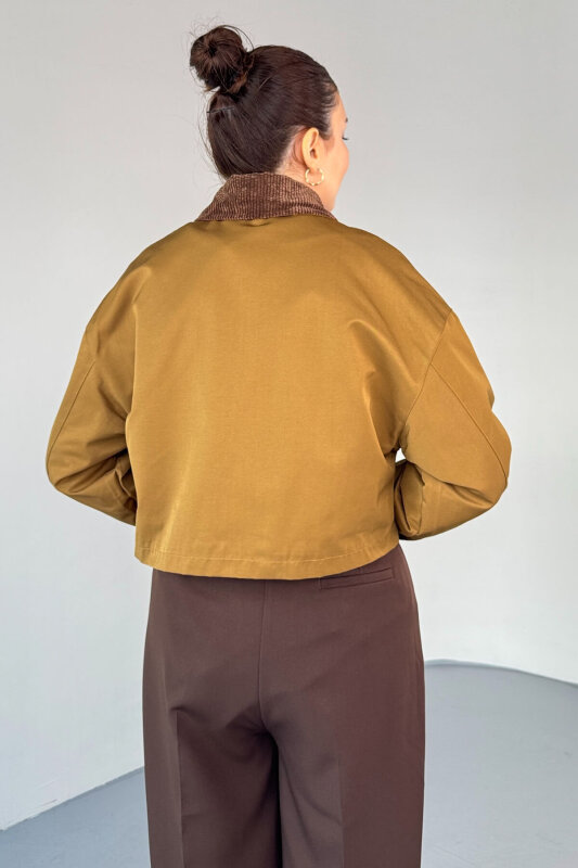 CKT-0242 Taba Kadife Yaka Astarlı Crop Ceket - 6