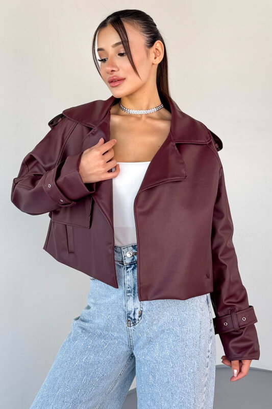 CKT-1004 Bordo Suni Deri Kruvaze Yaka Tokalı Kol Detaylı Cropped Ceket - 1