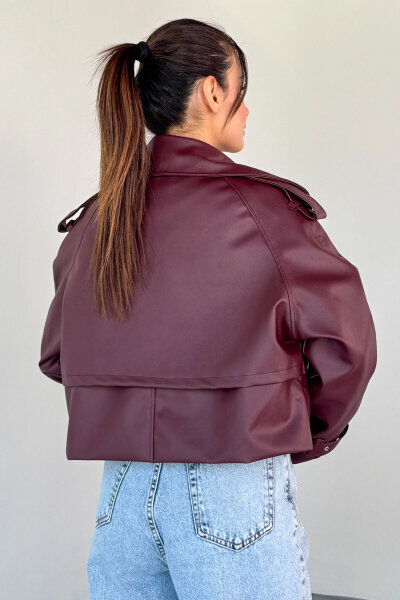 CKT-1004 Bordo Suni Deri Kruvaze Yaka Tokalı Kol Detaylı Cropped Ceket - 4