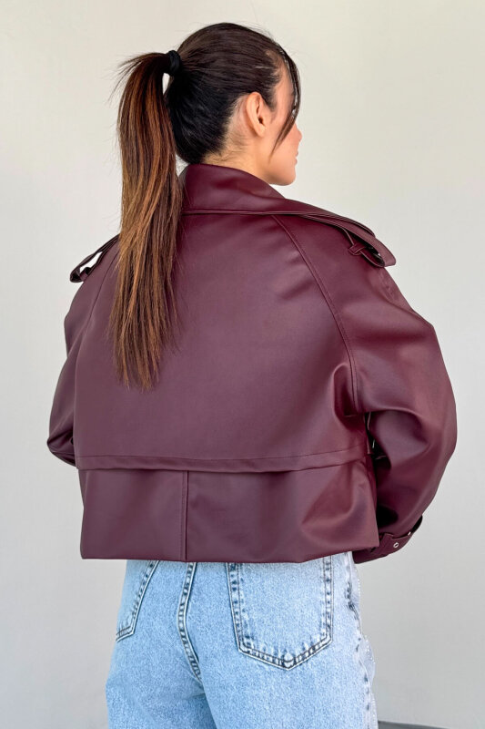 CKT-1004 Bordo Suni Deri Kruvaze Yaka Tokalı Kol Detaylı Cropped Ceket - 4